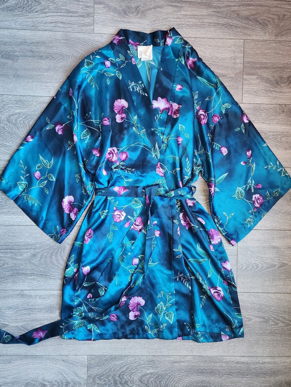 Vintage 90s California Dynasty Satin Teal & Purple Floral Robe Size Large